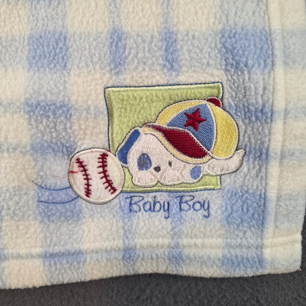 Baby‎ Connection Blue White Plaid Fleece Baby Blanket Baseball Dog PRE-LOVED